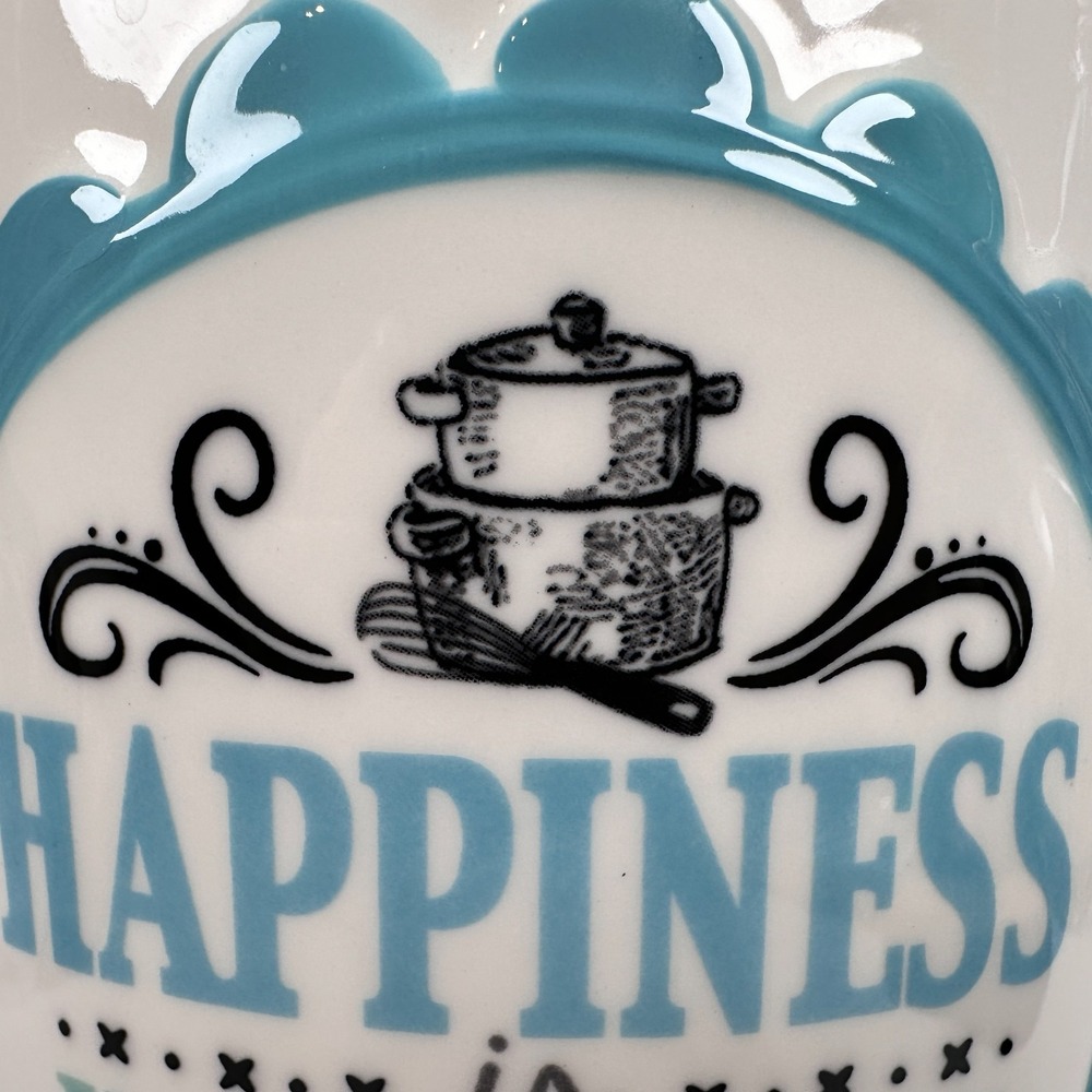 Cracker Barrel Cookie Jar 'Happiness is Homemade' Teal & White 8.5 x5.5" Baking - Picture 9 of 16